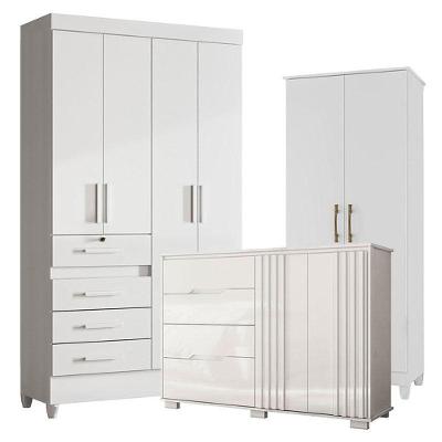 Guarda Roupa Infantil Sobral Com Cômoda Texas E Armário Multiuso Jade Branco Brilho - Moval