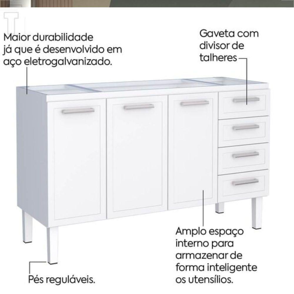 Gabinete De Cozinha Juno Branco Em Aço Com 4 Gavetas Para Pias De 1,50 Metros - P89591 - Cozimax - 3