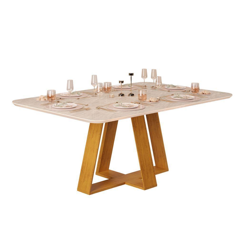 Mesa De Jantar 6 Lugares Tampo Chanfrado Curvo 170cm Sem Vidro Kiara Cedro/quartzo - Dj Móveis - 1