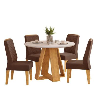 Conjunto Sala De Jantar 4 Cadeiras Tampo Redondo Com Vidro Kiara Cedro Off White Yasmin Veludo Moca - Dj Móveis