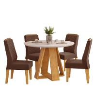 Conjunto Sala De Jantar 4 Cadeiras Tampo Redondo Com Vidro Kiara Cedro Off White Yasmin Veludo Moca - Dj Móveis - 1