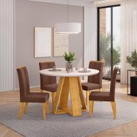 Conjunto Sala De Jantar 4 Cadeiras Tampo Redondo Com Vidro Kiara Cedro Off White Yasmin Veludo Moca - Dj Móveis - 2