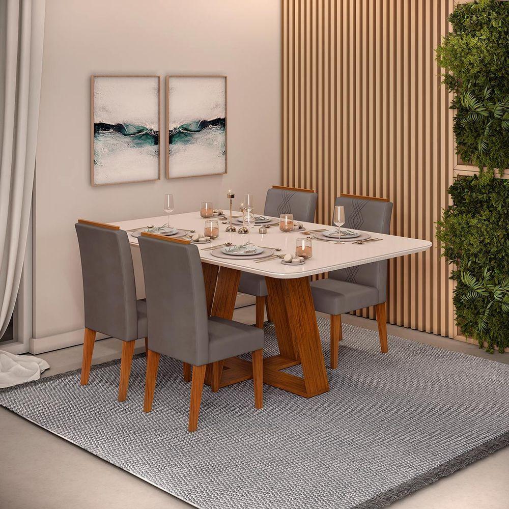 Conjunto Sala De Jantar Mesa Com 4 Cadeiras Tampo Curvo 160cm Kiara Freijó/off White Yasmin Veludo Lunar - Dj Móveis - 1