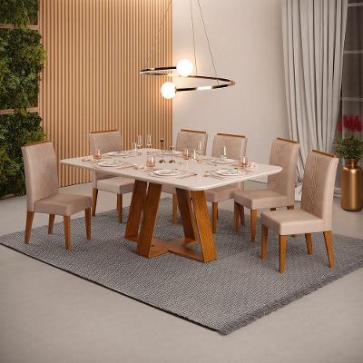 Conjunto Sala De Jantar Mesa Com 6 Cadeiras Tampo Curvo 160cm Kiara Freijó/off White Yasmin Veludo Kraft - Dj Móveis