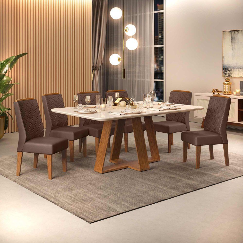 Conjunto Sala De Jantar Mesa Com 6 Cadeiras Tampo Curvo 160cm Kiara Freijó/off White Lídia Veludo Moca - Dj Móveis - 1