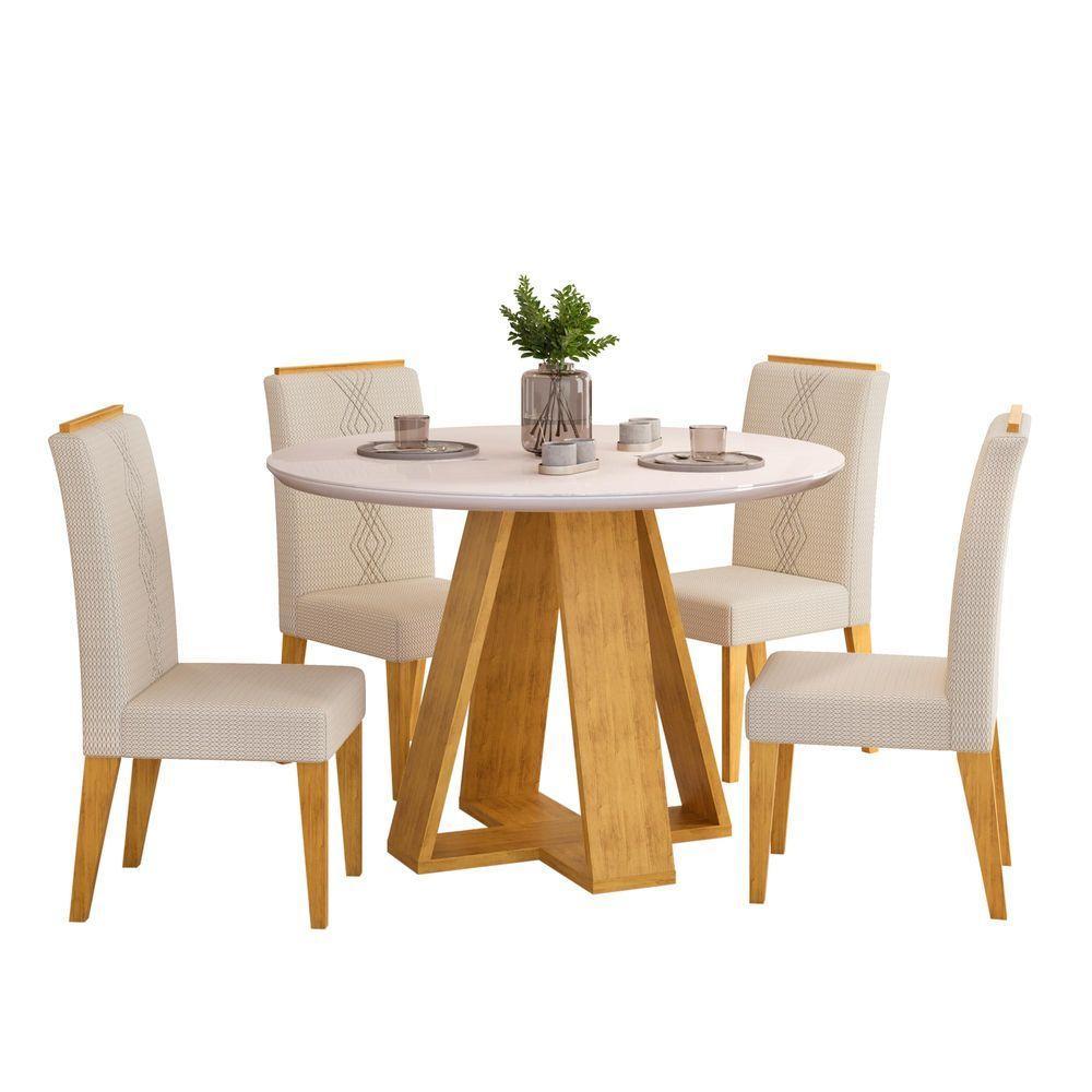 Conjunto Sala De Jantar 4 Cadeiras Tampo Redondo Com Vidro Kiara Cedro Off White Yasmin Linho Neve - Dj Móveis - 1