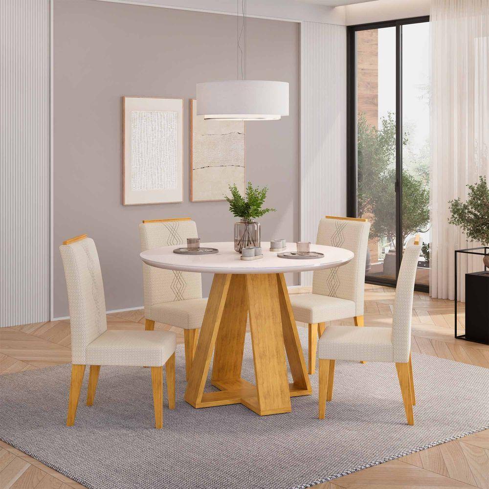 Conjunto Sala De Jantar 4 Cadeiras Tampo Redondo Com Vidro Kiara Cedro Off White Yasmin Linho Neve - Dj Móveis - 2