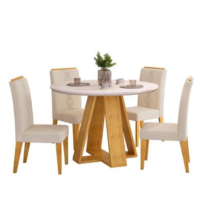 Conjunto Sala De Jantar 4 Cadeiras Tampo Redondo Com Vidro Kiara Cedro Off White Yasmin Linho Neve - Dj Móveis