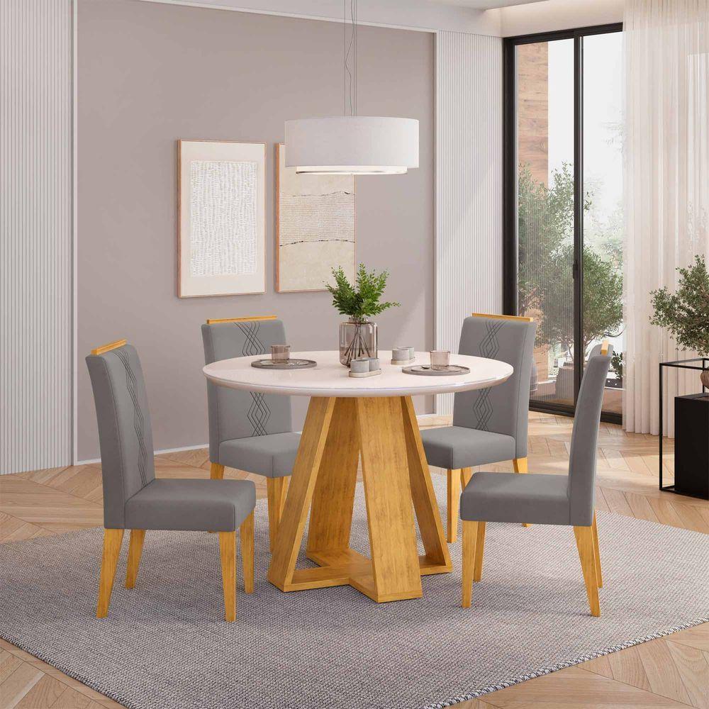 Conjunto Sala De Jantar 4 Cadeiras Tampo Redondo Com Vidro Kiara Cedro Off White Yasmin Veludo Lunar - Dj Móveis - 2