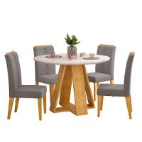 Conjunto Sala De Jantar 4 Cadeiras Tampo Redondo Com Vidro Kiara Cedro Off White Yasmin Veludo Lunar - Dj Móveis - 1