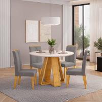 Conjunto Sala De Jantar 4 Cadeiras Tampo Redondo Com Vidro Kiara Cedro Off White Yasmin Veludo Lunar - Dj Móveis - 2