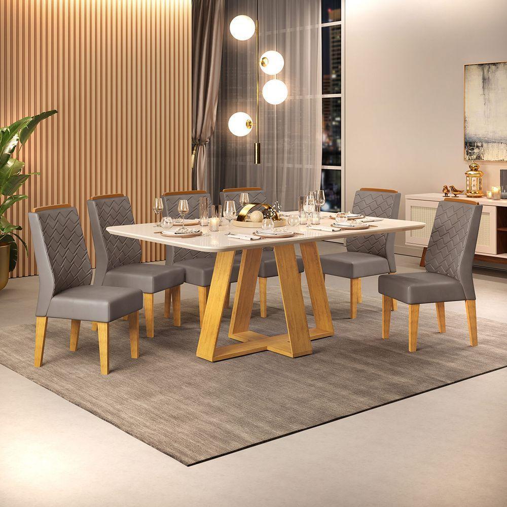 Conjunto Sala De Jantar Mesa Com 6 Cadeiras Tampo Curvo 160cm Kiara Cedro/off White Lídia Veludo Lunar - Dj Móveis - 1