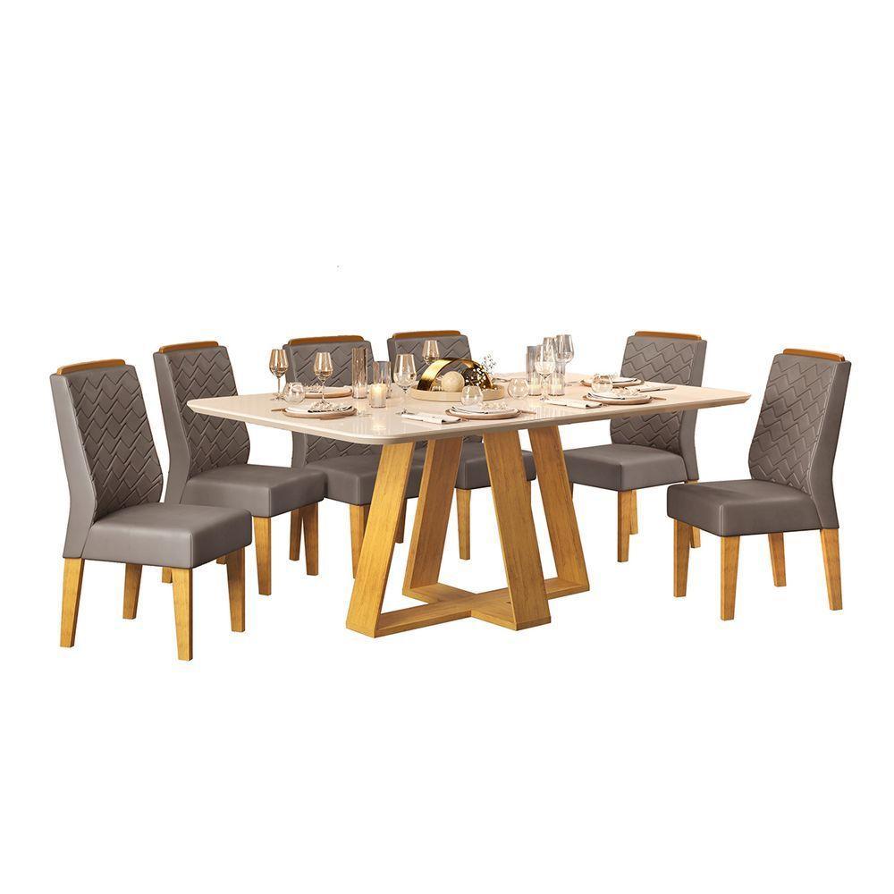 Conjunto Sala De Jantar Mesa Com 6 Cadeiras Tampo Curvo 160cm Kiara Cedro/off White Lídia Veludo Lunar - Dj Móveis - 2