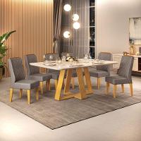 Conjunto Sala De Jantar Mesa Com 6 Cadeiras Tampo Curvo 160cm Kiara Cedro/off White Lídia Veludo Lunar - Dj Móveis - 1