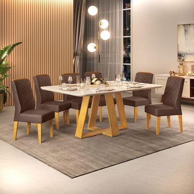 Conjunto Sala De Jantar Mesa Com 6 Cadeiras Tampo Curvo 160cm Kiara Cedro/off White Lídia Veludo Moca - Dj Móveis