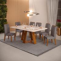 Conjunto Sala De Jantar Mesa Com 6 Cadeiras Tampo Curvo 160cm Kiara Freijó/off White Yasmin Veludo Lunar - Dj Móveis - 1