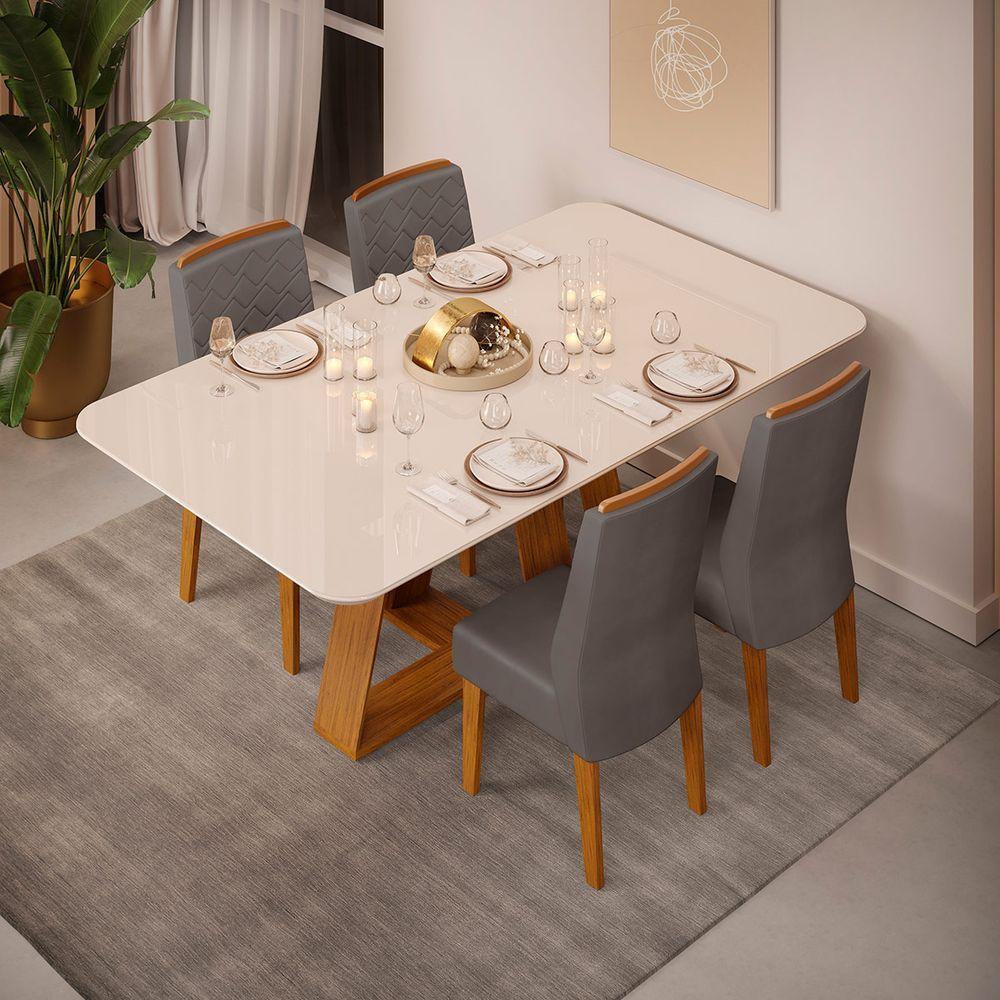 Conjunto Sala De Jantar Mesa Com 4 Cadeiras Tampo Curvo 160cm Kiara Freijó/off White Lídia Veludo Lunar - Dj Móveis - 2
