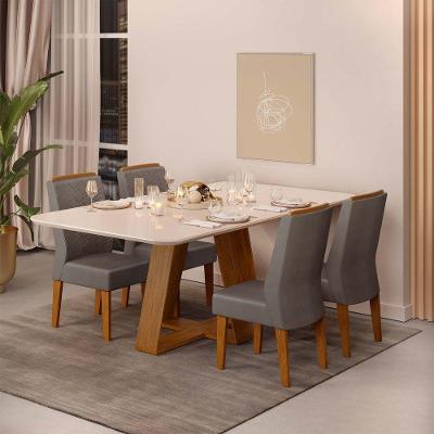 Conjunto Sala De Jantar Mesa Com 4 Cadeiras Tampo Curvo 160cm Kiara Freijó/off White Lídia Veludo Lunar - Dj Móveis