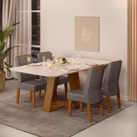Conjunto Sala De Jantar Mesa Com 4 Cadeiras Tampo Curvo 160cm Kiara Freijó/off White Lídia Veludo Lunar - Dj Móveis - 1