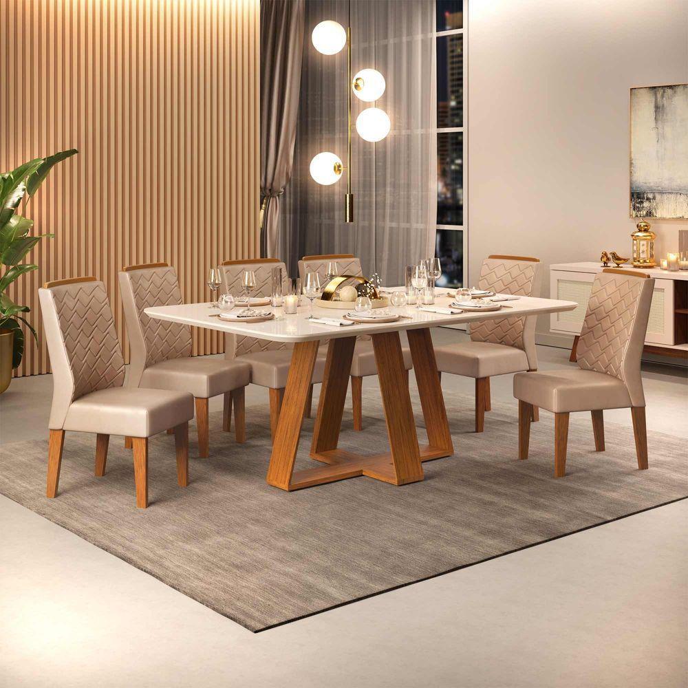 Conjunto Sala De Jantar Mesa Com 6 Cadeiras Tampo Curvo 160cm Kiara Freijó/off White Lídia Veludo Kraft - Dj Móveis - 1