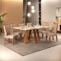 Conjunto Sala De Jantar Mesa Com 6 Cadeiras Tampo Curvo 160cm Kiara Freijó/off White Lídia Veludo Kraft - Dj Móveis - 1