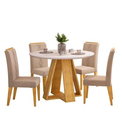 Conjunto Sala De Jantar 4 Cadeiras Tampo Redondo Com Vidro Kiara Cedro Off White Yasmin Veludo Kraft - Dj Móveis