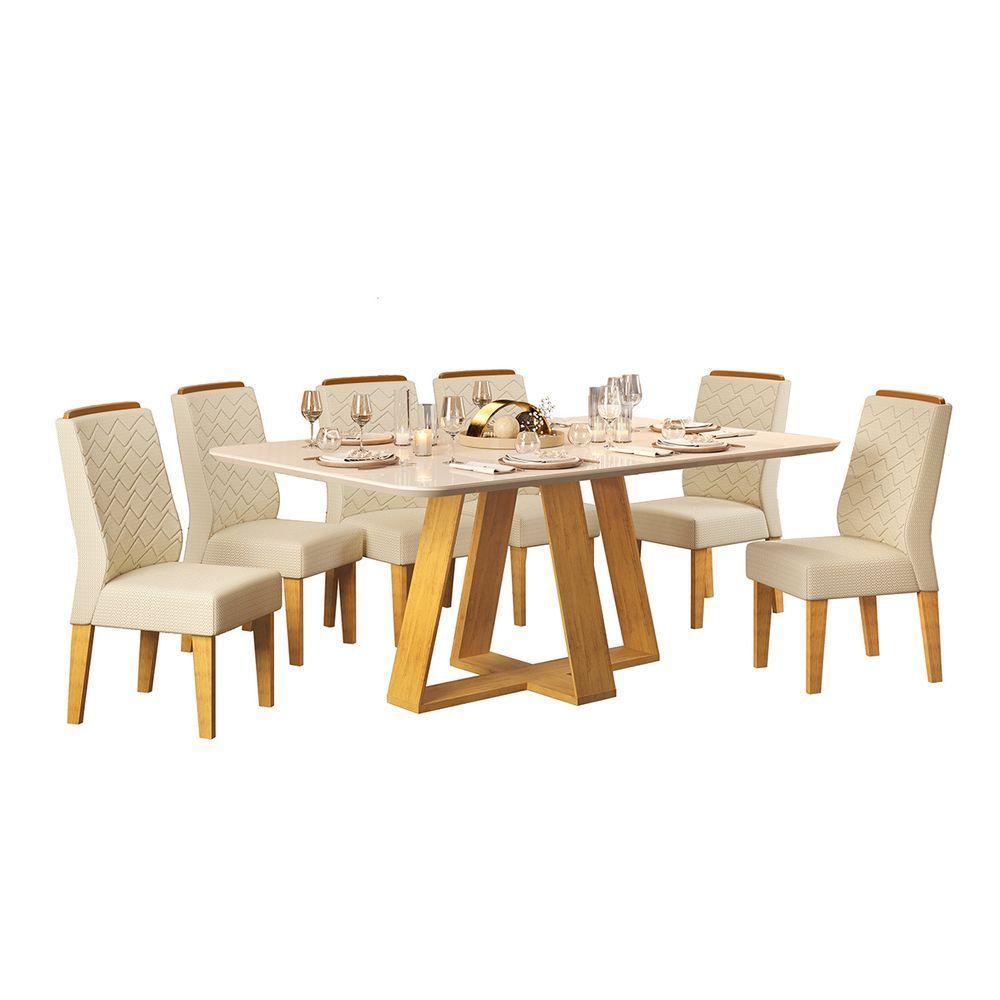 Conjunto Sala De Jantar Com 6 Cadeiras Tampo Curvo 160cm Kiara Cedro/off White Lídia Linho Neve - Dj Móveis - 2