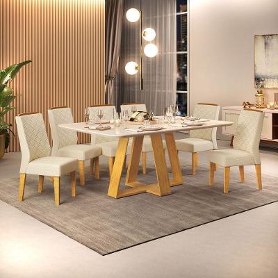 Conjunto Sala De Jantar Com 6 Cadeiras Tampo Curvo 160cm Kiara Cedro/off White Lídia Linho Neve - Dj Móveis