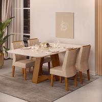 Conjunto Sala De Jantar Mesa Com 4 Cadeiras Tampo Curvo 160cm Kiara Freijó/off White Lídia Veludo Kraft - Dj Móveis - 1