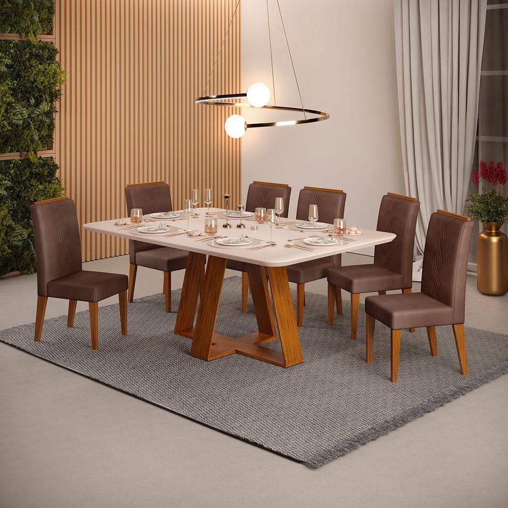 Conjunto Sala De Jantar Mesa Com 6 Cadeiras Tampo Curvo 160cm Kiara Freijó/off White Yasmin Veludo Moca - Dj Móveis - 1