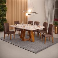 Conjunto Sala De Jantar Mesa Com 6 Cadeiras Tampo Curvo 160cm Kiara Freijó/off White Yasmin Veludo Moca - Dj Móveis - 1