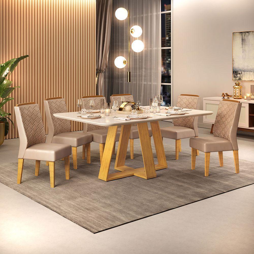 Conjunto Sala De Jantar Com 6 Cadeiras Tampo Curvo 160cm Kiara Cedro/off White Lídia Veludo Kraft - Dj Móveis - 1