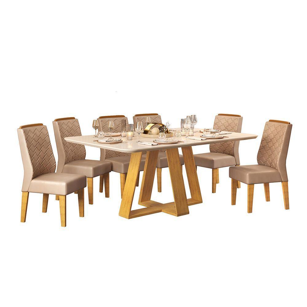 Conjunto Sala De Jantar Com 6 Cadeiras Tampo Curvo 160cm Kiara Cedro/off White Lídia Veludo Kraft - Dj Móveis - 2