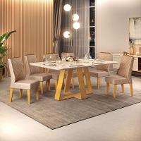 Conjunto Sala De Jantar Com 6 Cadeiras Tampo Curvo 160cm Kiara Cedro/off White Lídia Veludo Kraft - Dj Móveis - 1