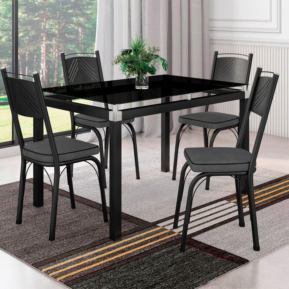 Conjunto Sala De Jantar Mesa Com 4 Cadeiras 151 Malva Tampo De Vidro 107cm A01 Preto/assento Andorinha - Combo Stock - 1