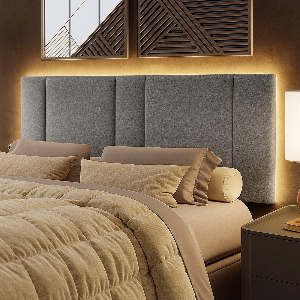 Cabeceira Painel Cama Box Queen Size Siri 160cm Com Led Linho Cinza - Desk Design - 1