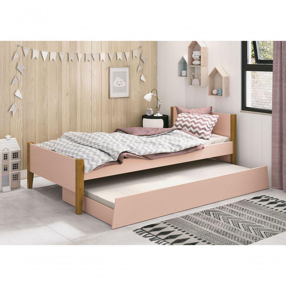 Cama Babá Solteiro Com Auxiliar Simba Rosa Fosco Com Madeira - Moveisaqui - 4