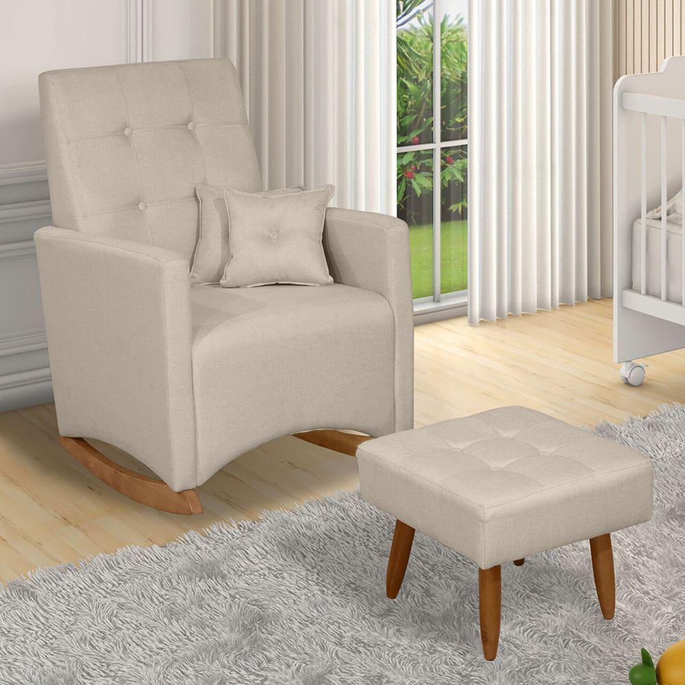 Sofá Cadeira Poltrona De Amamentação E Balanço Ana C/ Puff Linho Bege - Anjo De Casa - 7