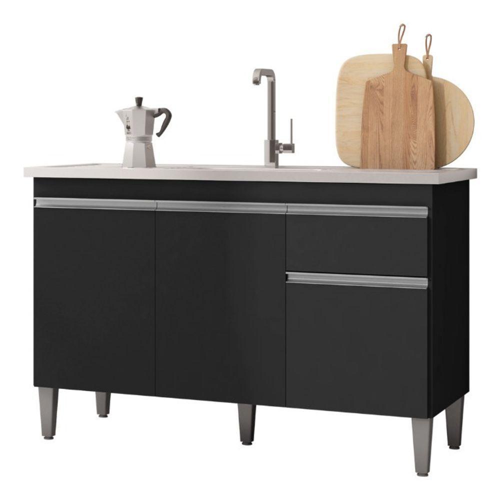 Balcão Multiuso Tatiane 120cm 3portas - 1gav S/tampo Cor Preto - 1