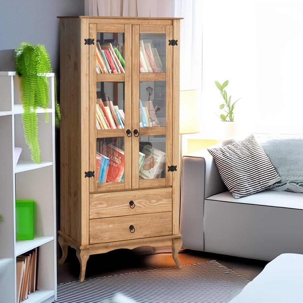 Cristaleira Rústica Madeira Maciça 2 Gavetas Portas De Vidro Mel - 1