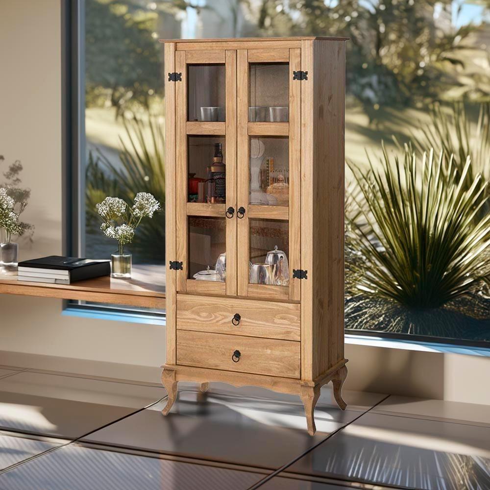 Cristaleira Rústica Madeira Maciça 2 Gavetas Portas De Vidro Mel - 7