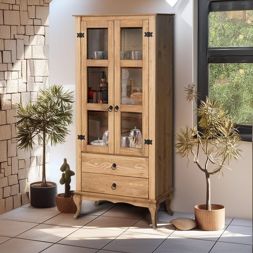 Cristaleira Rústica Madeira Maciça 2 Gavetas Portas De Vidro Mel - 8