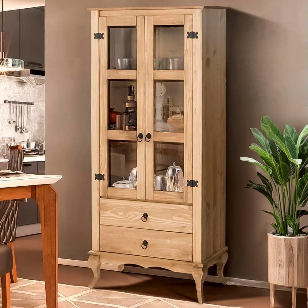 Cristaleira Rústica Madeira Maciça 2 Gavetas Portas De Vidro Mel - 9