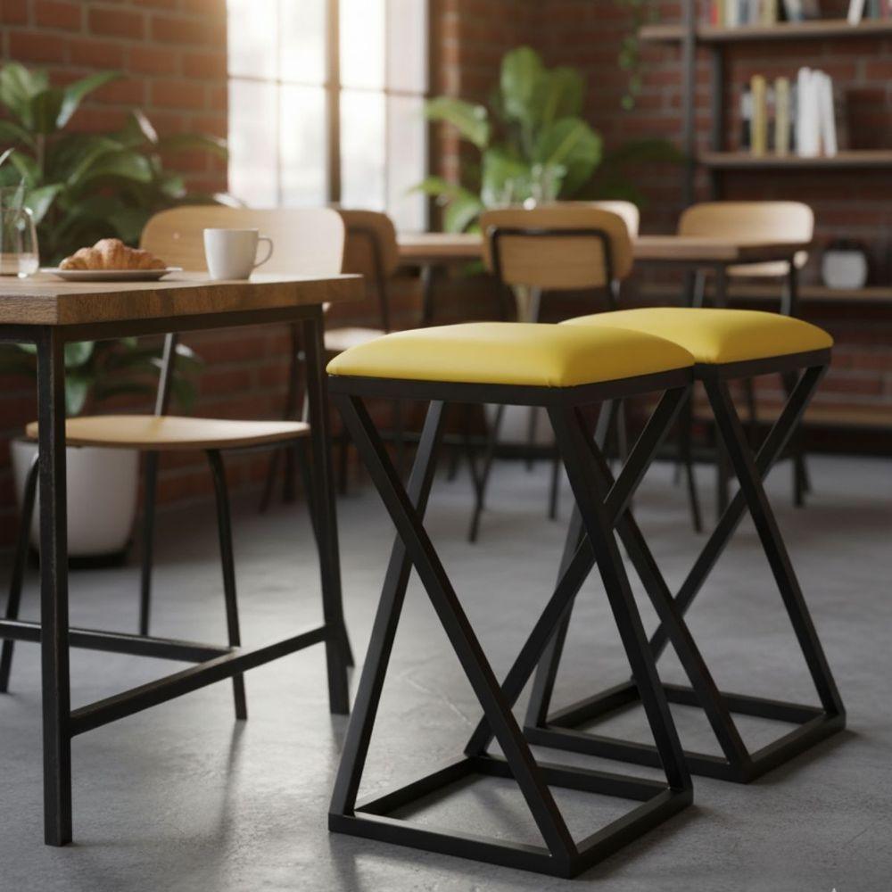 Conjunto 2 Banquetas Banco Estofada E Ferro Amarelo - 1