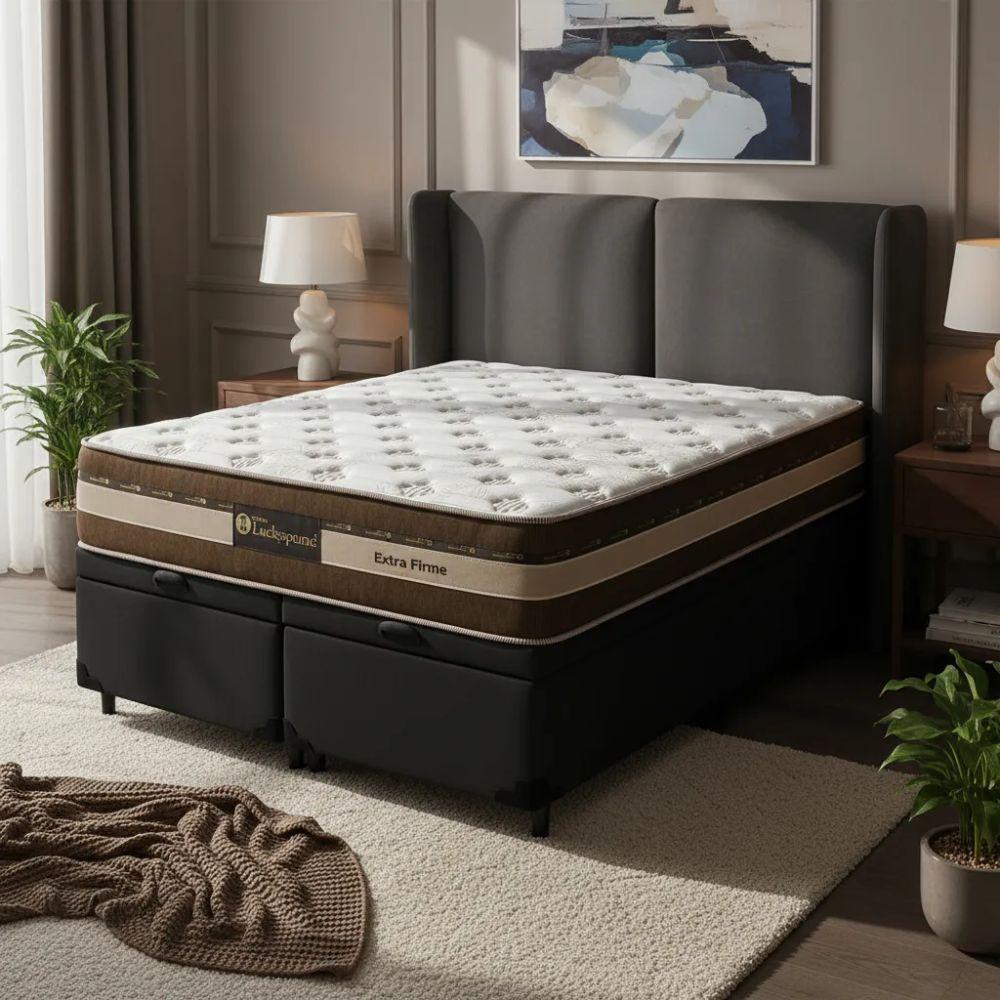 Cama Box Baú Queen Suede + Colchão Esplendor Molas Ensacadas Luckspuma 158x198x75 Cor:preto - 1