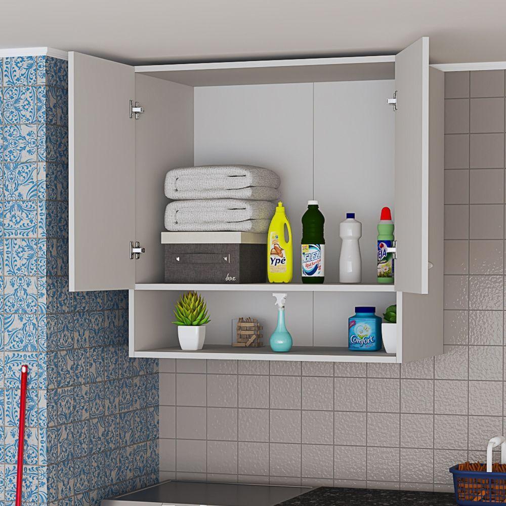 Armário Aéreo Multifuncional Cozinha Lavanderia 2 Portas MDF Branco - 2