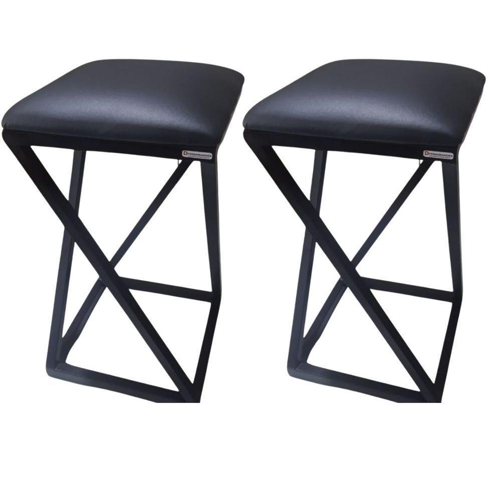 2 Banquinhos De Aço E Corino Banqueta Preto - 2