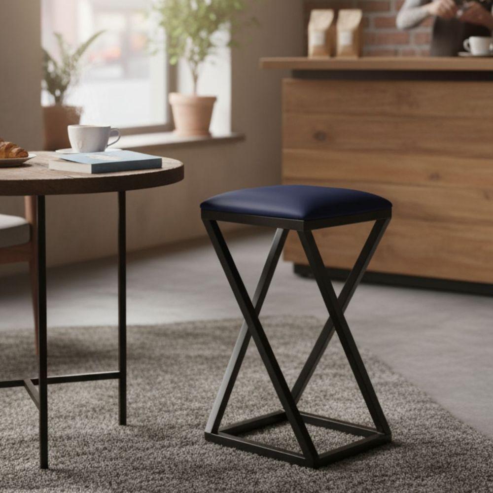 Banqueta Industrial Baixa Assento Estofado Corino Luxo Azul - 1