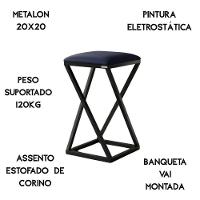 Banqueta Industrial Baixa Assento Estofado Corino Luxo Azul - 2