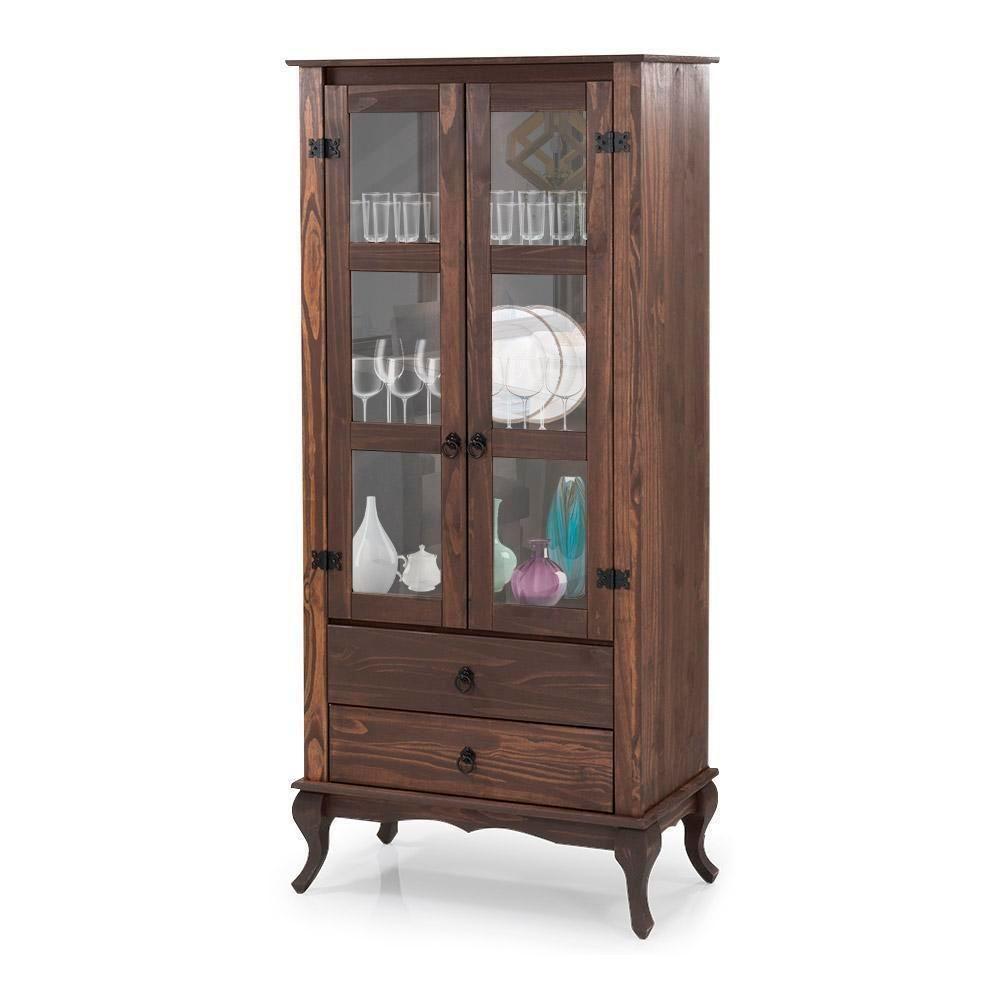 Cristaleira Rústica Madeira Maciça 2 Gavetas Portas De Vidro Imbuia - 2